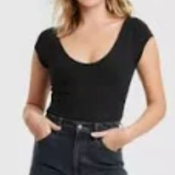 Universal Thread Tops - Universal Thread Black Voop Bodysuit Women's Small, Short Sleeve Stretch